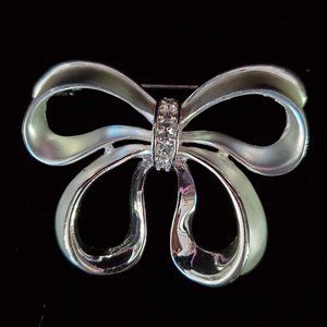 Vintage Napier Bow Brooch Pin Silver Tone Satin Finish Rhinestone Accents